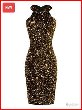 Halter Sequin Bodycon Dress Knee Length Cocktail Party Clubwear